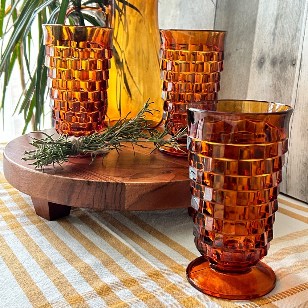 🌴Beautiful Bright Vintage Colony Whitehall Amber Cubist Water Goblets- Set of 3